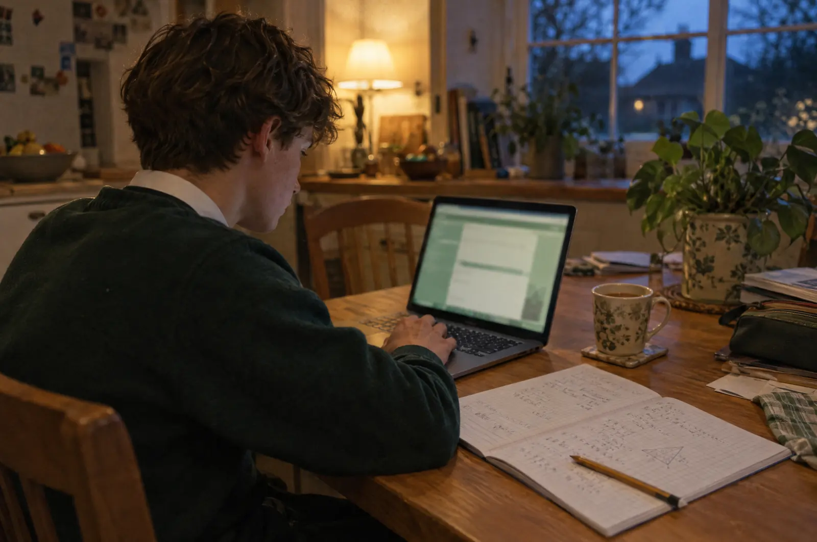 A teenager revising at the kitchen table in the evening, with a laptop and an exercise book of maths working.
