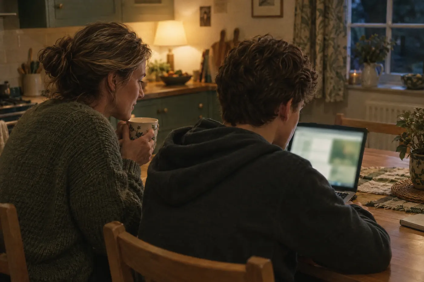 A parent with a mug of tea and a teenager looking at a laptop together at the kitchen table.