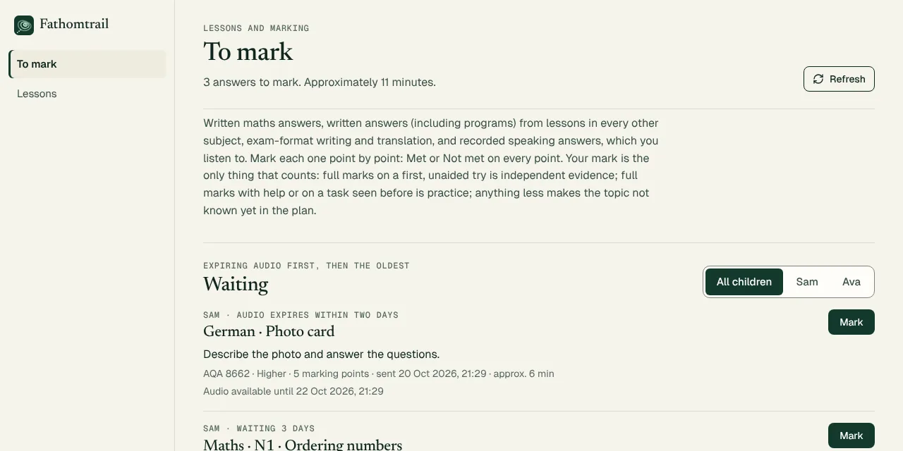 Fathomtrail’s marking list for a made-up family: written and spoken answers in German, Maths and History, each to be marked point by point by an adult.